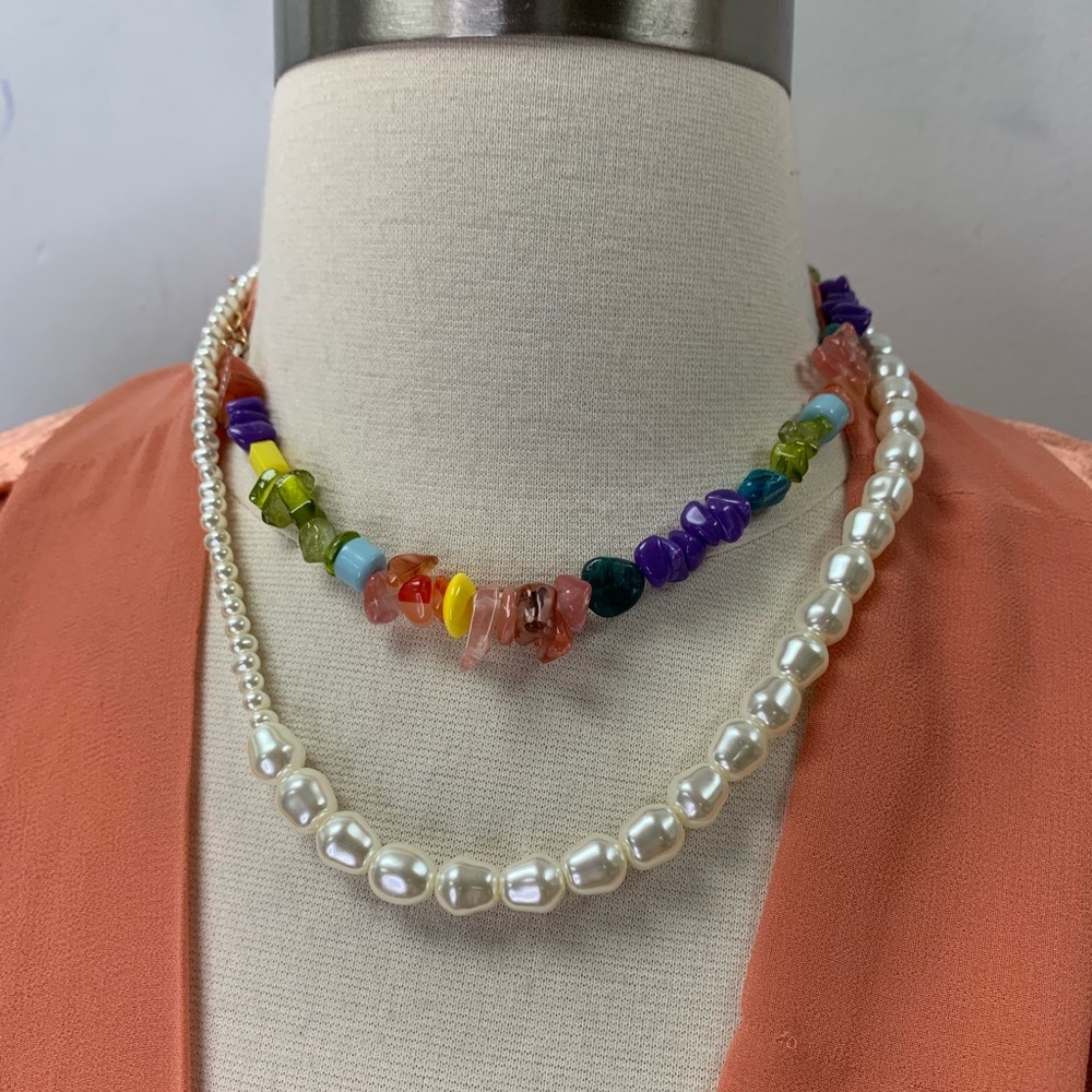 Zara Colorful Beaded stones and Faux Pearl Necklace Set